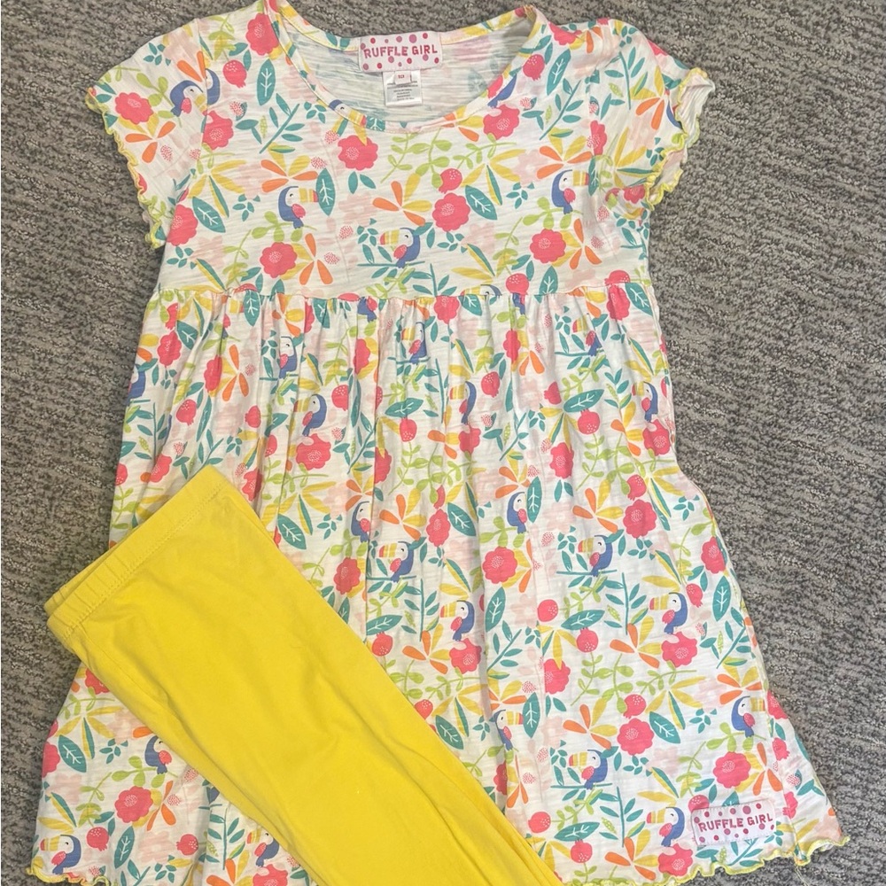 Ruffle Girl Floral Tunic Dress with Yellow Leggings
